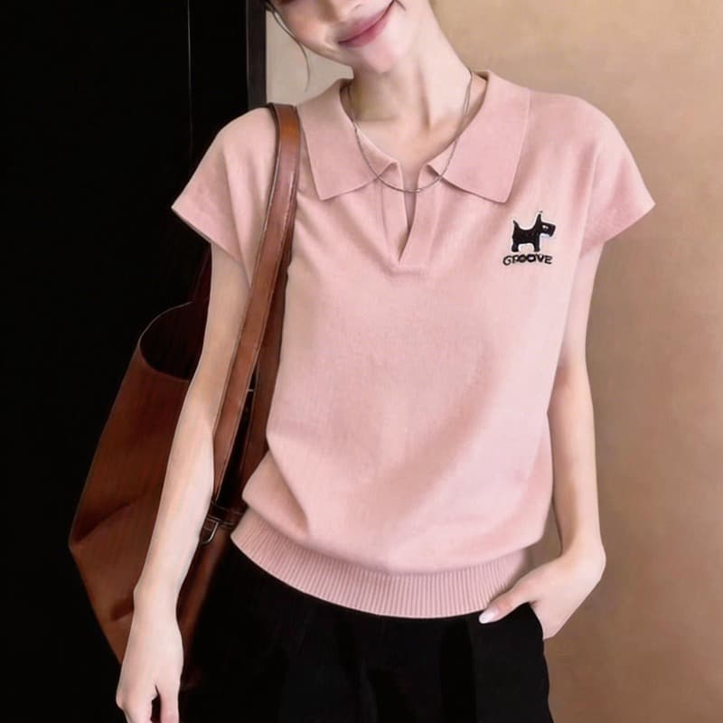 POLO 칼라 얼음 실크 자수 강아지 반팔 티셔츠 여성 2026 여름 얇은 스타일 V넥 쇼트 스타일 니트 작은 날다 소매 맨위 상세 이미지 5