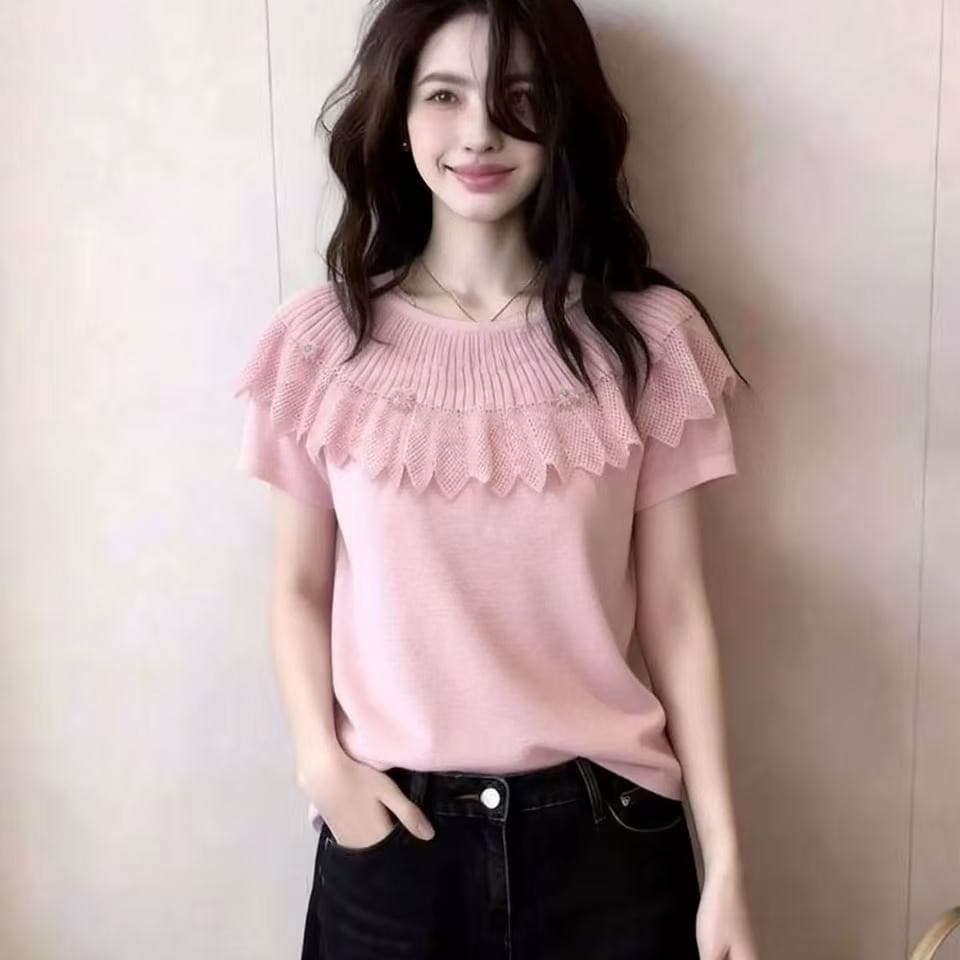 새로운 패션 고급 프랑스식 달콤한 스타일 오프숄더 프릴 니트 스웨터 색상 여성 레저 다용도 출퇴근 맨위 이미지 5