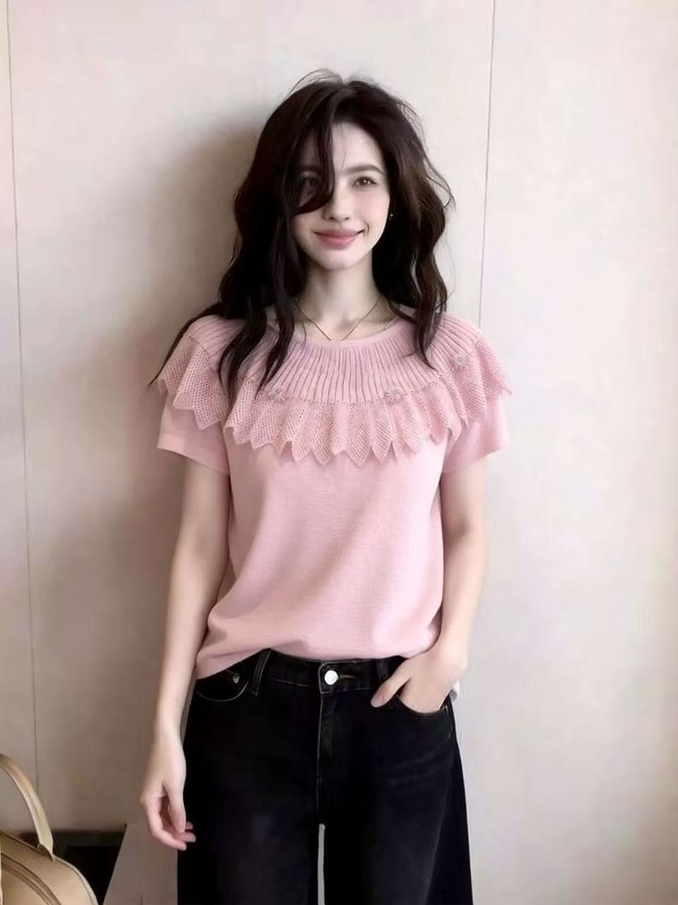 새로운 패션 고급 프랑스식 달콤한 스타일 오프숄더 프릴 니트 스웨터 색상 여성 레저 다용도 출퇴근 맨위 상세 이미지 2