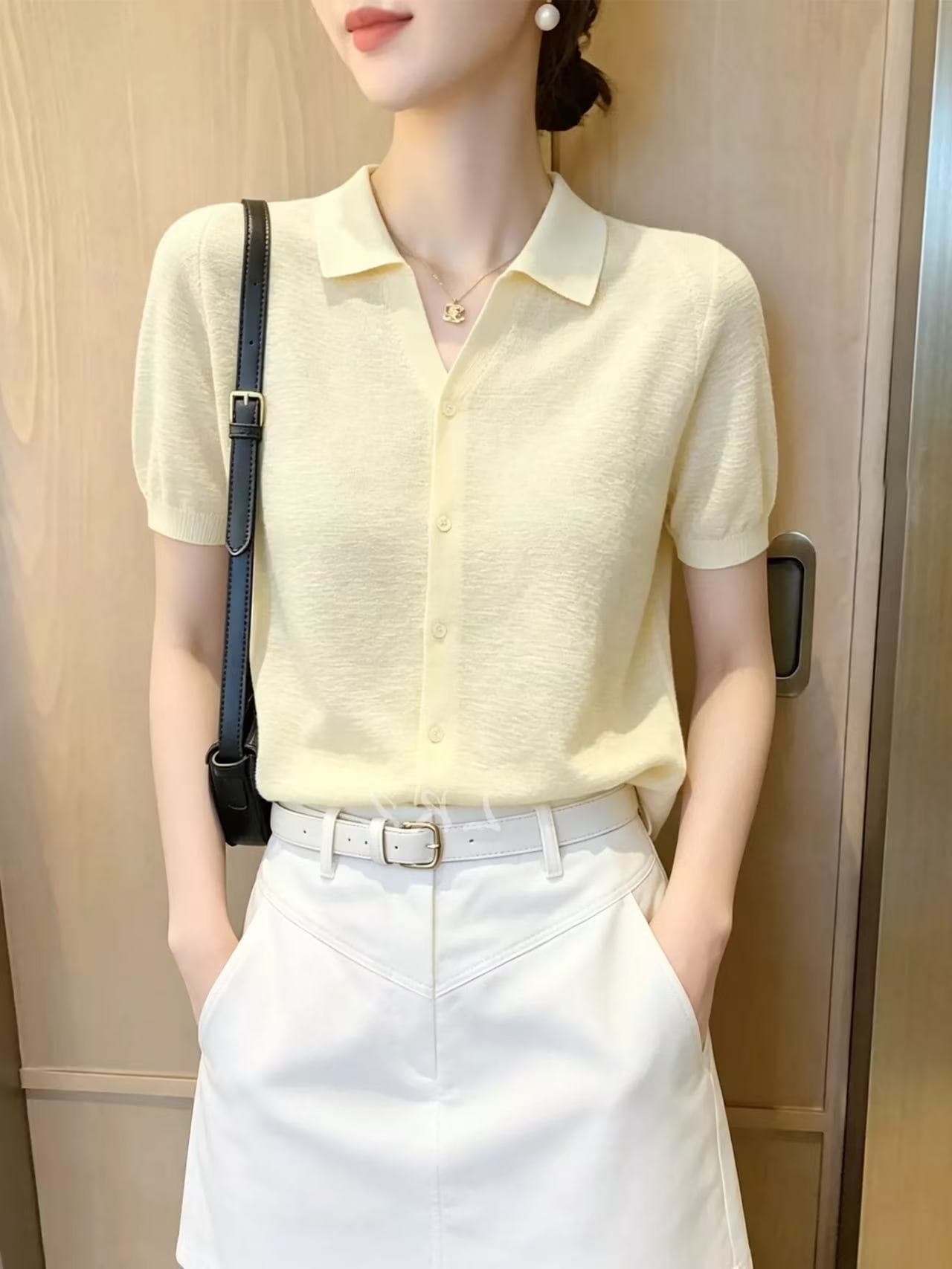 프랑스식 고급 센스 polo 폴로 칼라 반팔 v 종류 문 襟 싱글 줄 버튼 밝은 노란색 여성 셔츠 품격 슬림해 보이는 맨위