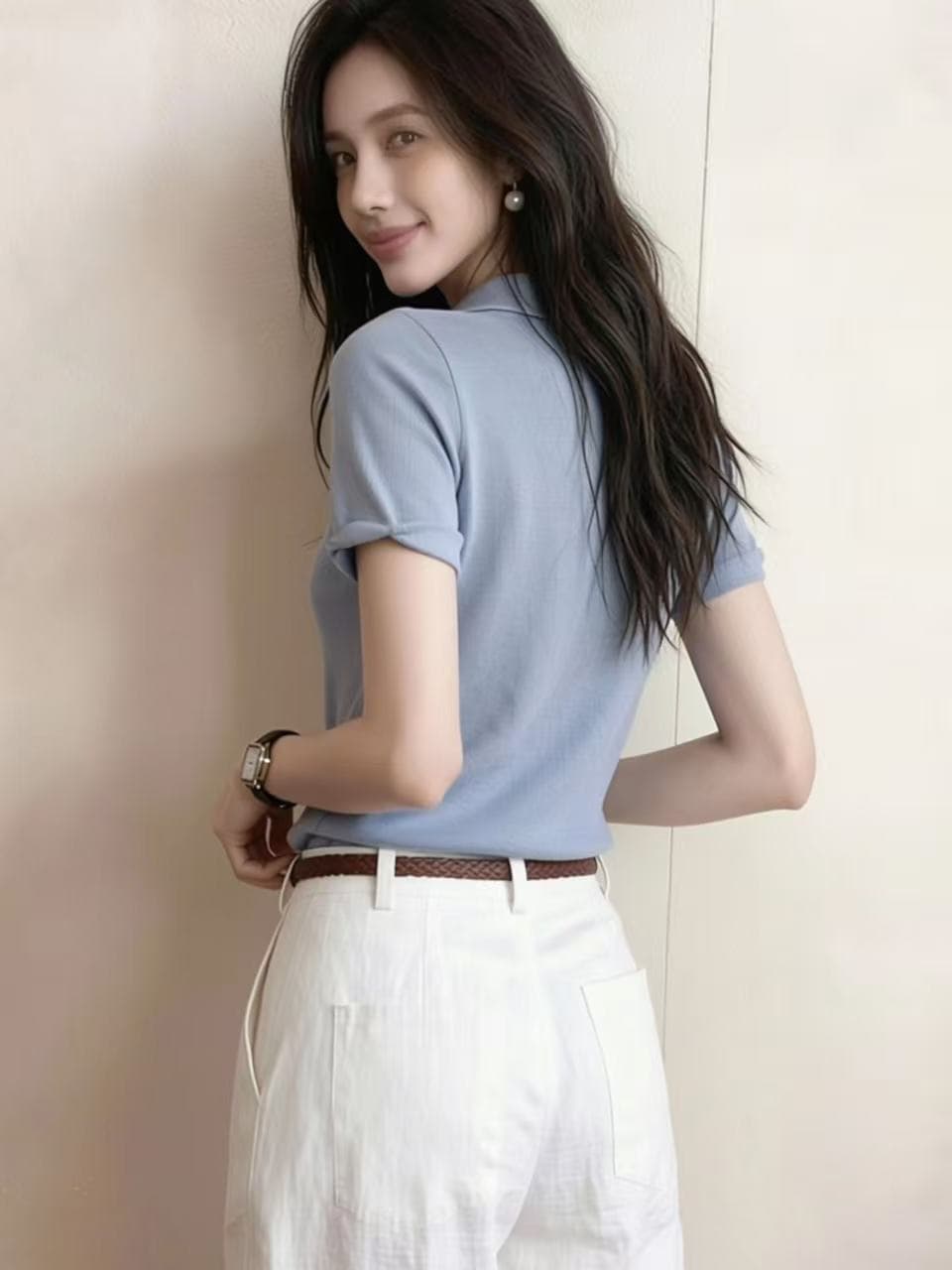 2026 여름 새로운 캐주얼 느긋한 바람 배색 폴로 칼라 반팔 티셔츠 하늘색 슬림해 보이는 다용도 빅 사이즈 맨위 이미지 3