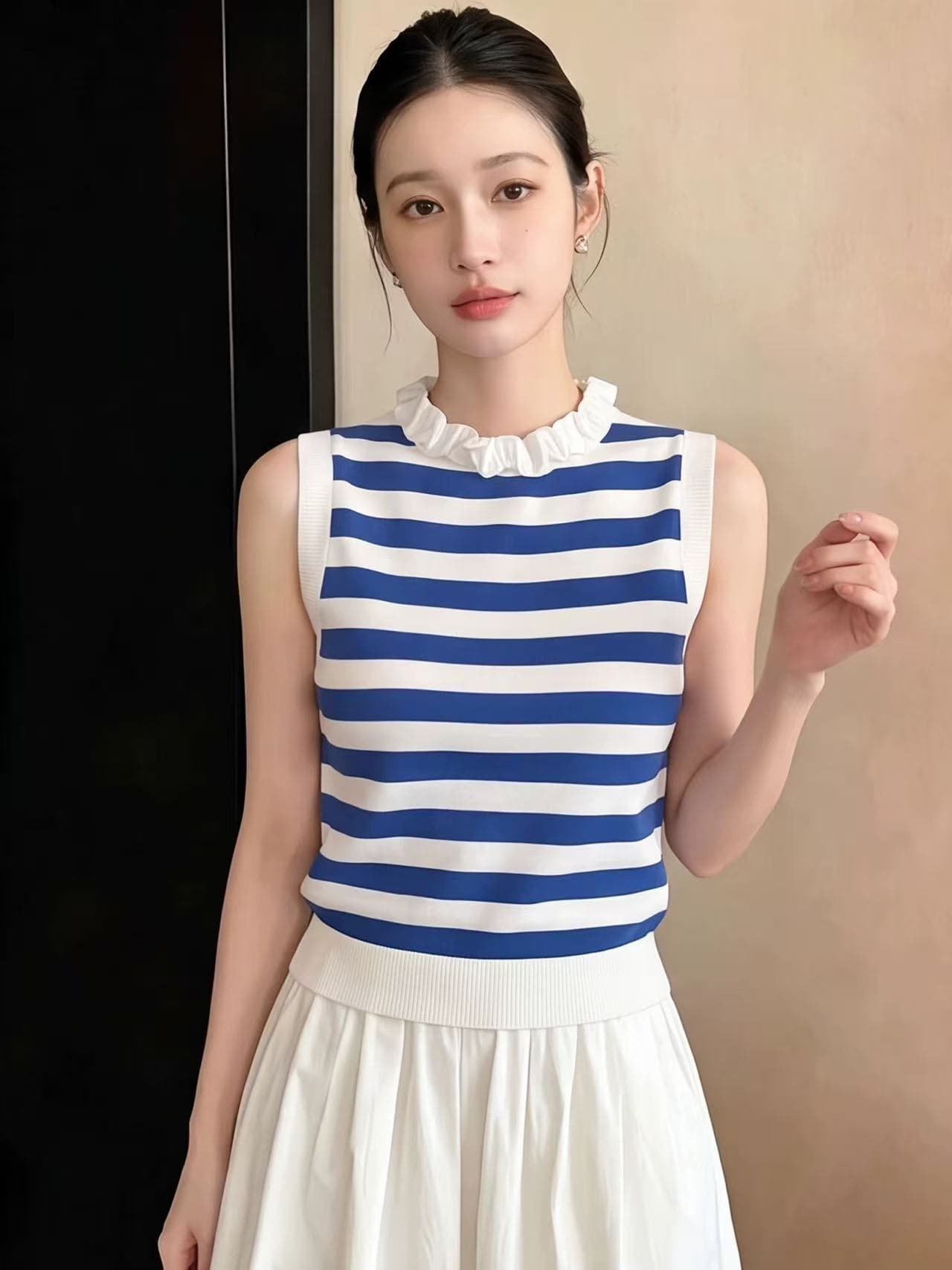 작은 키 파란색 스트라이프 목이버섯 레이스 민소매 캐미솔 여름 외출용 아름다운 몸매 가꾸기 쇼트 스타일 맨위 상세 이미지 3