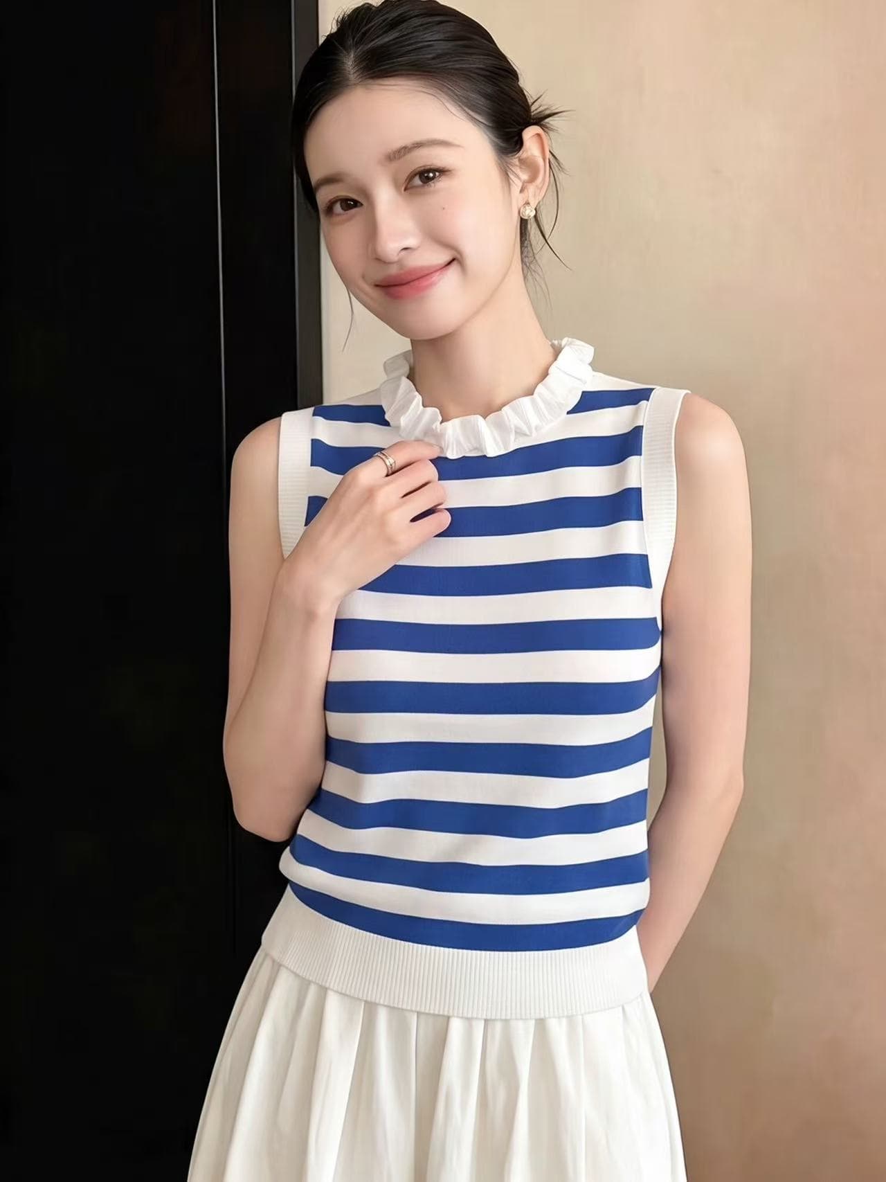 작은 키 파란색 스트라이프 목이버섯 레이스 민소매 캐미솔 여름 외출용 아름다운 몸매 가꾸기 쇼트 스타일 맨위 상세 이미지 4
