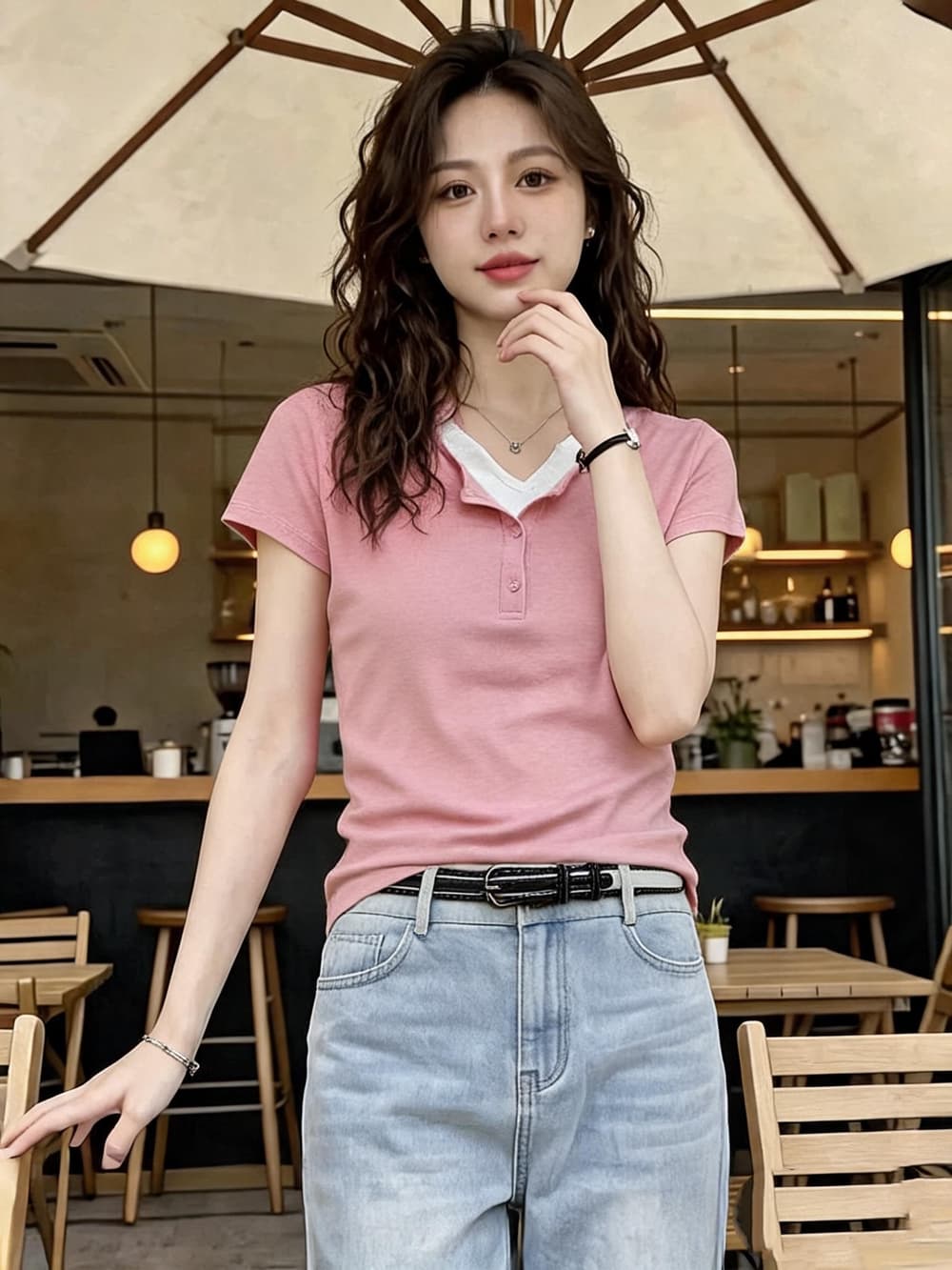 프랑스식 페이크 레이어드 얇은 스타일 니트 스웨터 티셔츠 여성 의류 여름 새로운 얼음 실크 반팔 핑크색 루즈핏 슬림해 보이는 맨위 이미지 3