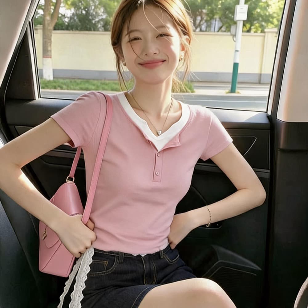 프랑스식 페이크 레이어드 얇은 스타일 니트 스웨터 티셔츠 여성 의류 여름 새로운 얼음 실크 반팔 핑크색 루즈핏 슬림해 보이는 맨위 상세 이미지 5
