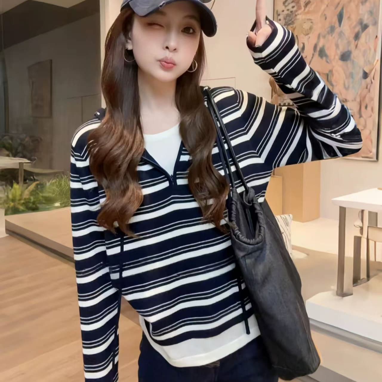 한국 스타일 스트라이프 후드 페이크 레이어드 니트 스웨터 여성 가을 연령 감소 슬림해 보이는 인사이드 가져 가라. 만나는 모자 셔츠 풀오버 맨위 트렌디 이미지 5