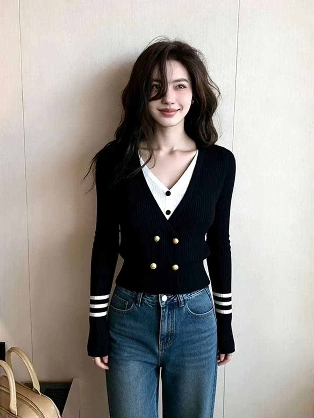 가을 겨울 한 부서 분위기 센스 착용 잡아라. 의류 고유 한 슈퍼 잘 생긴 몸매 가꾸기 슬림해 보이는 검정색 페이크 레이어드 니트 오픈 가디건 여성 이미지 2