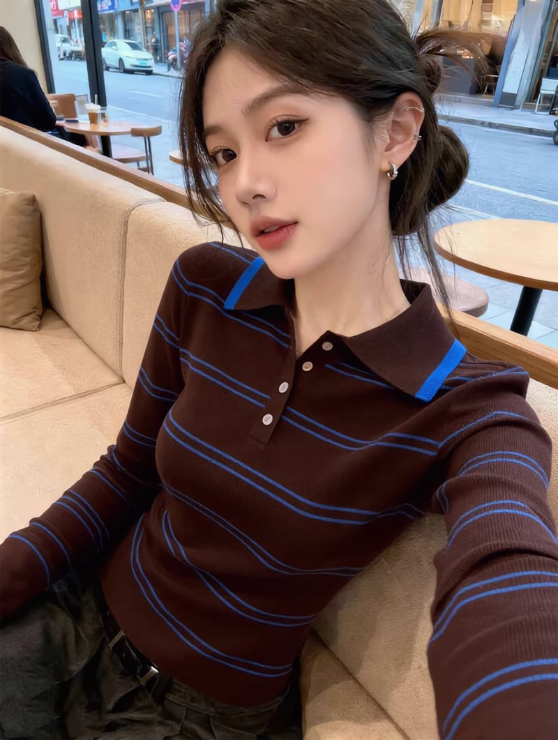 레트로 커피 색상 스트라이프 POLO 칼라 긴팔 니트 스웨터 여성 이른 가을 외국 가스 Chic 인사이드 가져 가라. 몸매 가꾸기 만나는 맨위 트렌디 이미지 3
