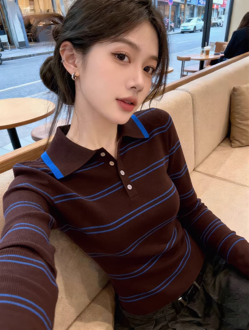레트로 커피 색상 스트라이프 POLO 칼라 긴팔 니트 스웨터 여성 이른 가을 외국 가스 Chic 인사이드 가져 가라. 몸매 가꾸기 만나는 맨위 트렌디 상세 이미지 3