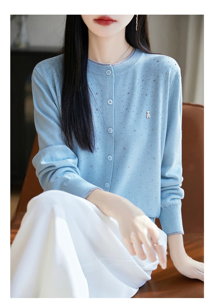 무거운 작업 작은 곰 핫픽스 니트 오픈 가디건 여성 페이크 레이어드 유럽 역 패션 미니멀리즘 라운드 넥 싱글 줄 버튼 긴팔 맨위 상세 이미지 11