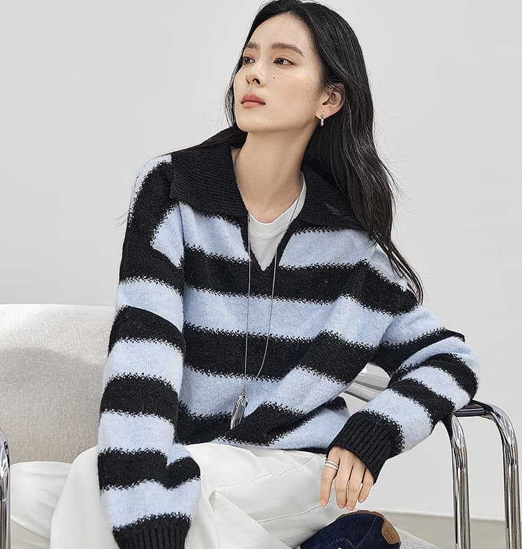 대화 느긋한 바람 루즈핏 폴로 칼라 스트라이프 스웨터 여자 2025 가을 새로운 양모 부드러운 찹쌀 캐주얼 니트 스웨터