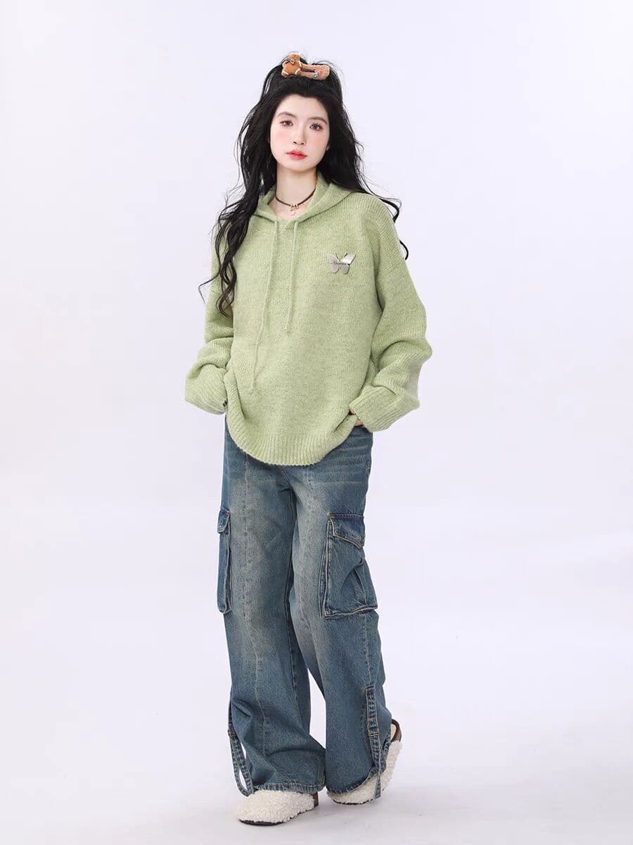 봄 가을 새로운 느긋한 바람 후드 스웨터 여자 디자인 센스 작은 대중 와이드 부드러운 찹쌀 녹색 니트 스웨터 맨위 긴팔 이미지 3