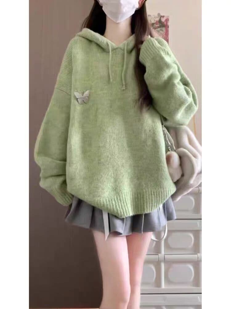 봄 가을 새로운 느긋한 바람 후드 스웨터 여자 디자인 센스 작은 대중 와이드 부드러운 찹쌀 녹색 니트 스웨터 맨위 긴팔 상세 이미지 3