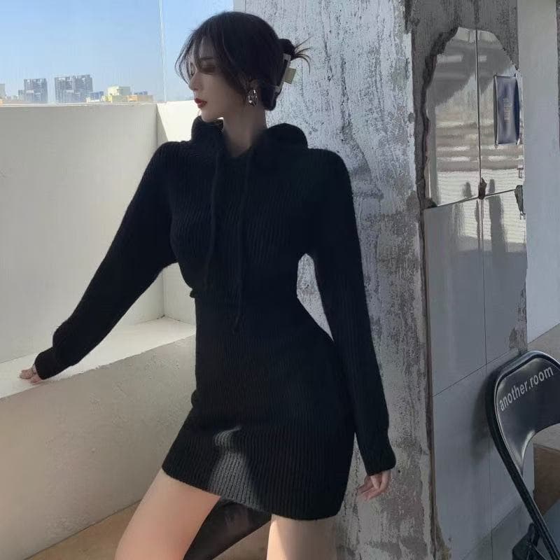 후드 두꺼운 니트 여성 드레스 가을 겨울 새로운 패션 연령 감소 허리 수축 슬림해 보이는 만나는 타이트 스커트 스웨터 미니 스커트 이미지 3
