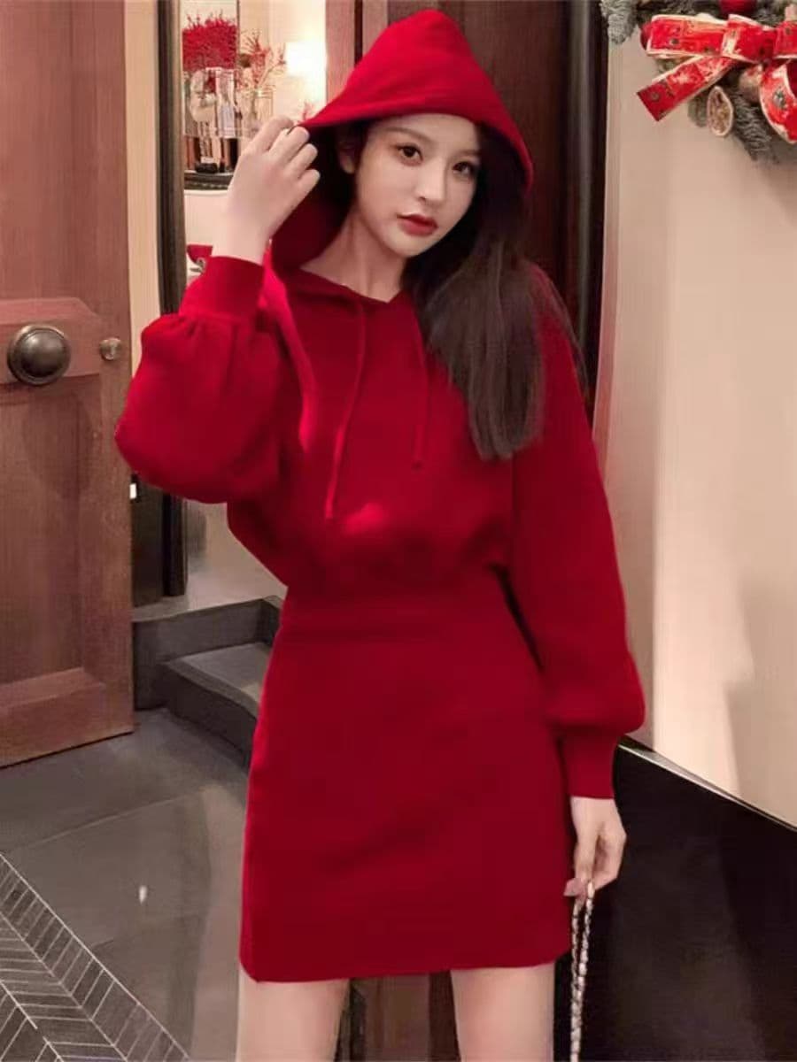 후드 두꺼운 니트 여성 드레스 가을 겨울 새로운 패션 연령 감소 허리 수축 슬림해 보이는 만나는 타이트 스커트 스웨터 미니 스커트 상세 이미지 7
