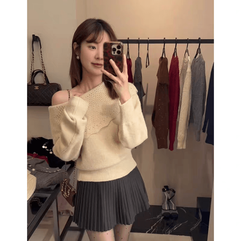 크리스마스 분위기 센스 착용 가져 가라. 오프숄더 스팽글 스웨터 여자 2026 새로운 오프숄더 슈퍼 잘 생긴 니트 두꺼운 스타일 맨위 상세 이미지 3