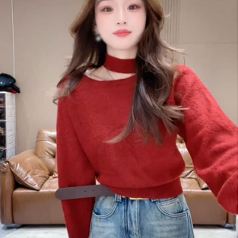 한 스타일 패션 행침 목 비스듬한 어깨 긴팔 니트 스웨터 2026 겨울 새로운 슬림해 보이는 다용도 연령 감소 맨위