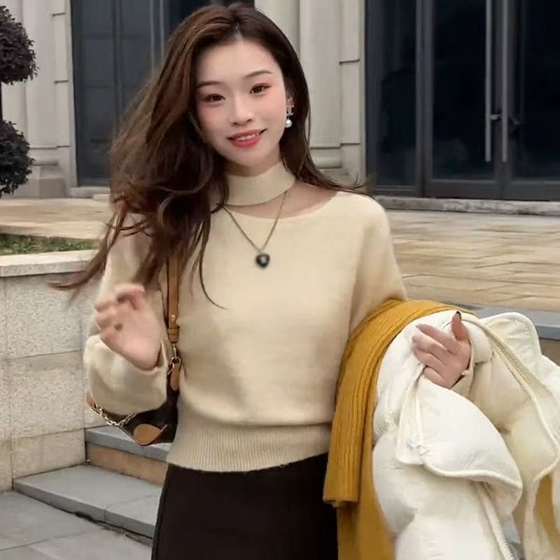 한 스타일 패션 행침 목 비스듬한 어깨 긴팔 니트 스웨터 2026 겨울 새로운 슬림해 보이는 다용도 연령 감소 맨위 이미지 3