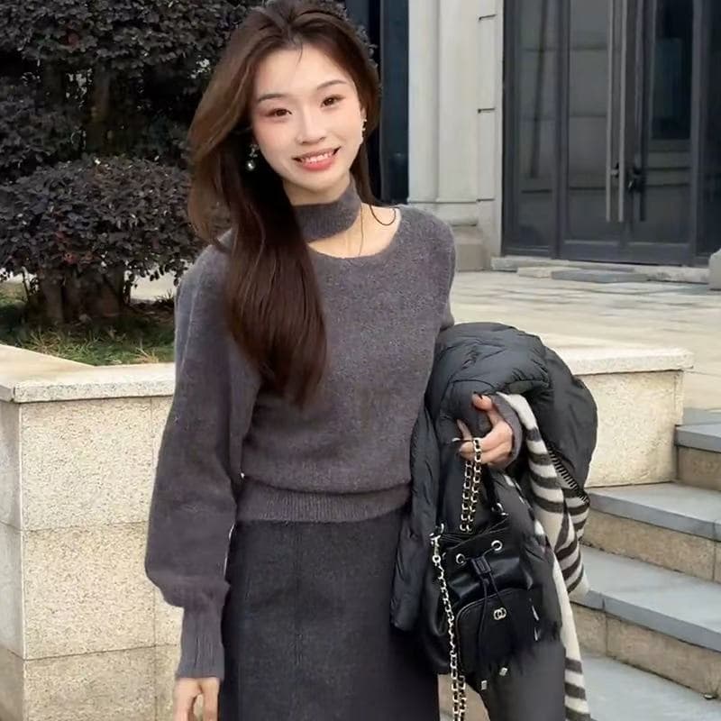한 스타일 패션 행침 목 비스듬한 어깨 긴팔 니트 스웨터 2026 겨울 새로운 슬림해 보이는 다용도 연령 감소 맨위 이미지 2