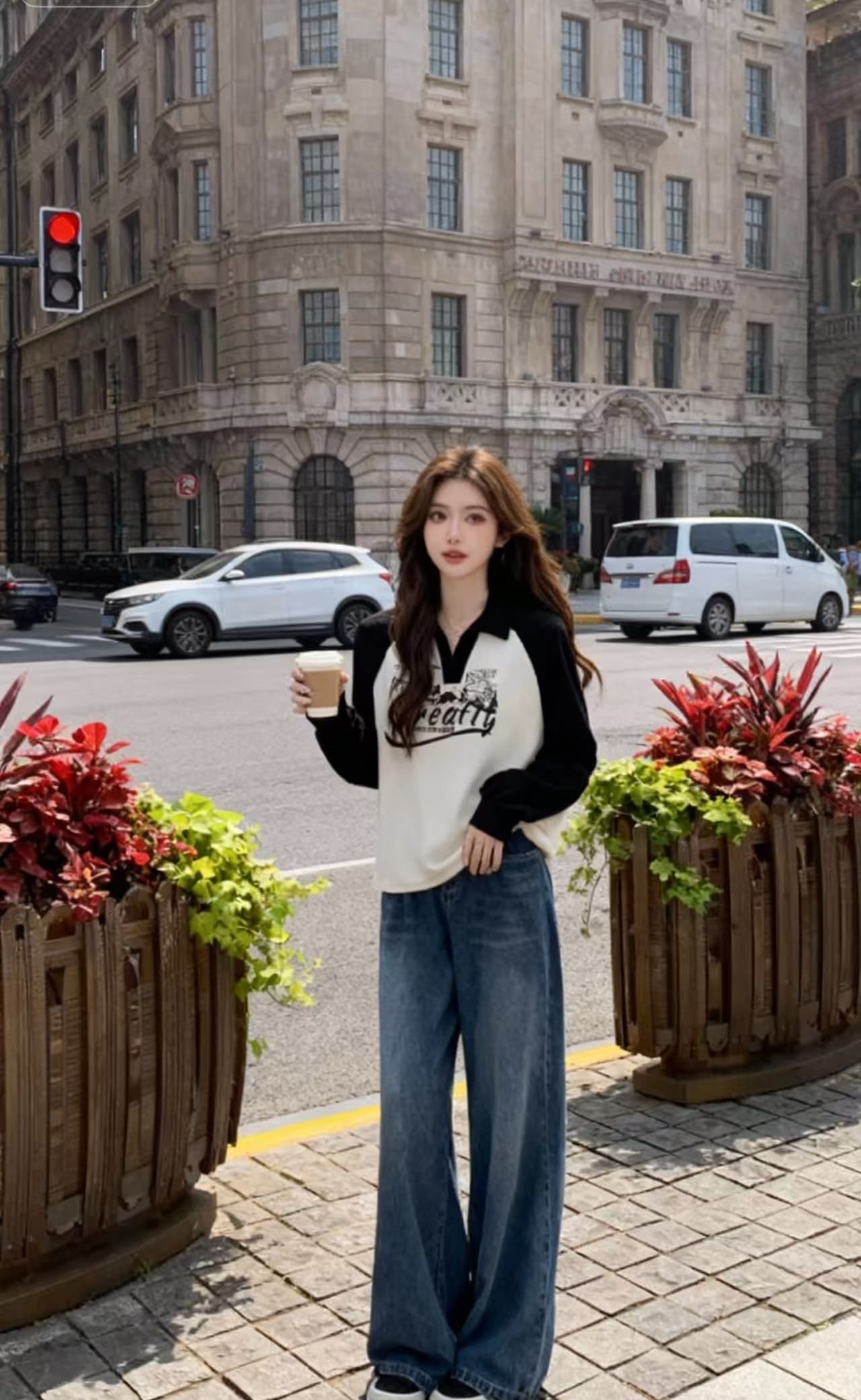 빅 사이즈 지방 mm 털이 있고 두꺼운 루즈핏 느긋한 바람 POLO 칼라 후드티 슬림해 보이는 배색 맨위 이미지 2