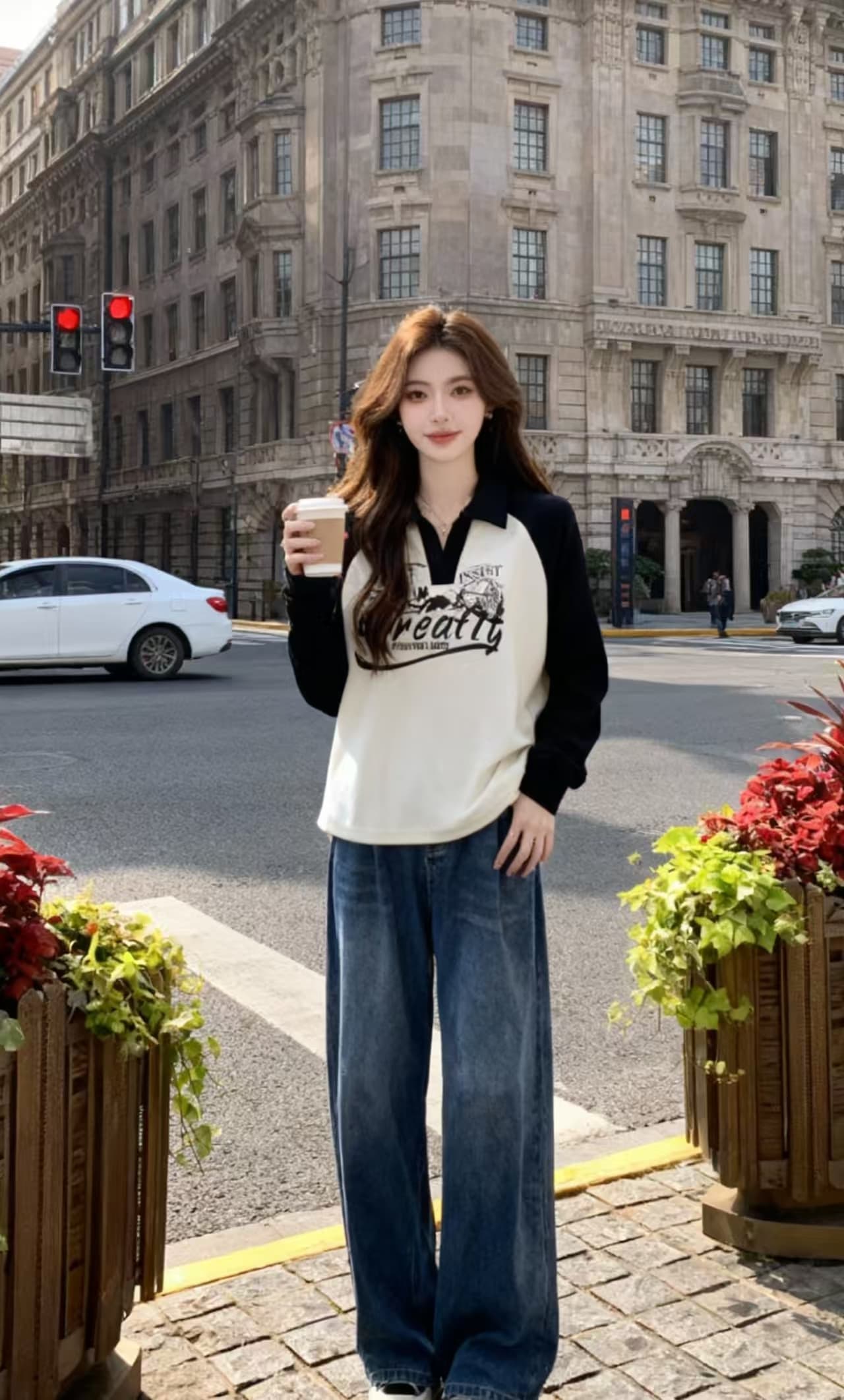 빅 사이즈 지방 mm 털이 있고 두꺼운 루즈핏 느긋한 바람 POLO 칼라 후드티 슬림해 보이는 배색 맨위 상세 이미지 1
