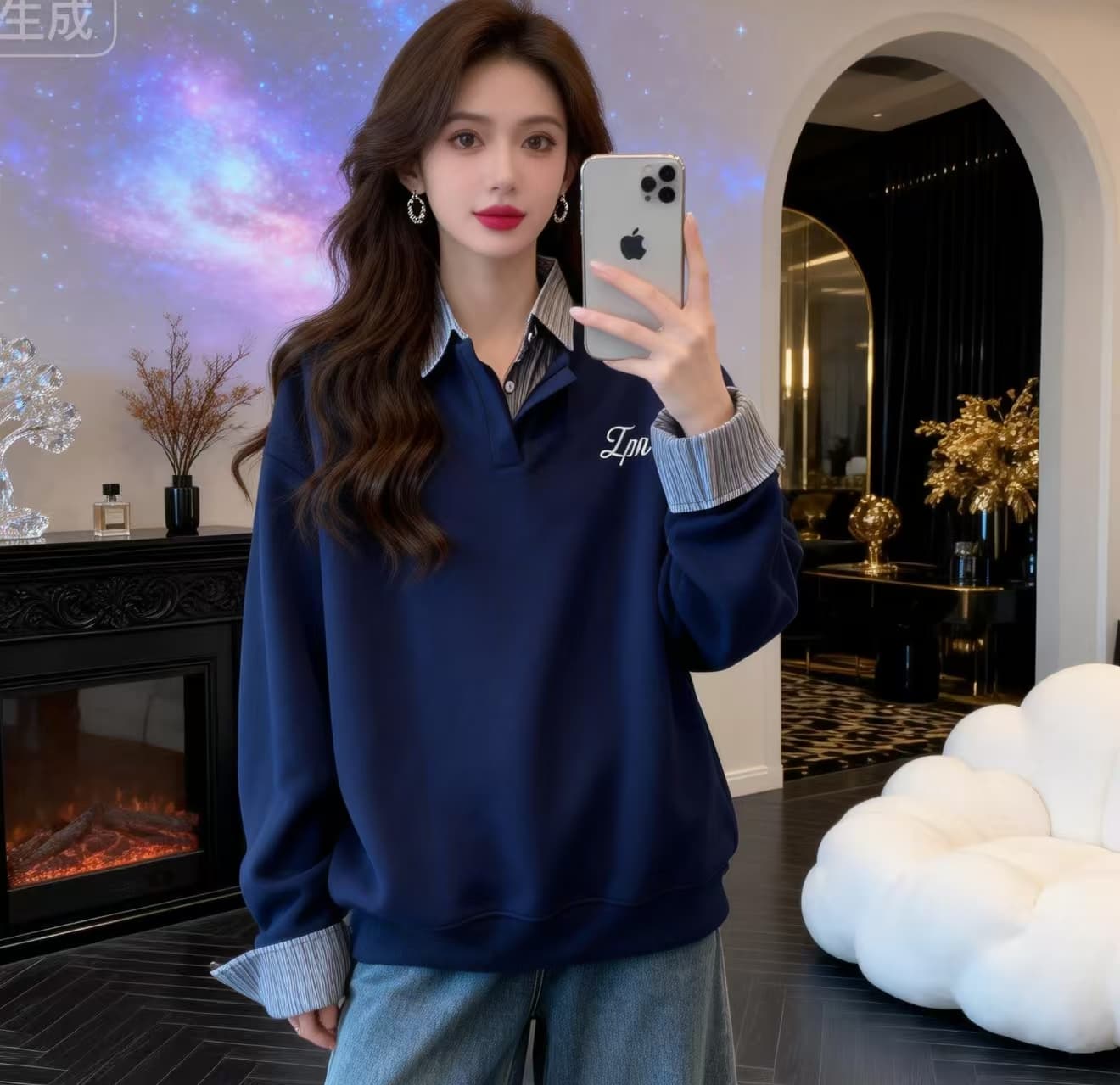 실사 빅 사이즈 지방 mm 2026 새로운 아메리칸 레트로 운동 바람 스트라이프 패치워크 POLO 칼라 풀오버 스웨트셔츠 이미지 4