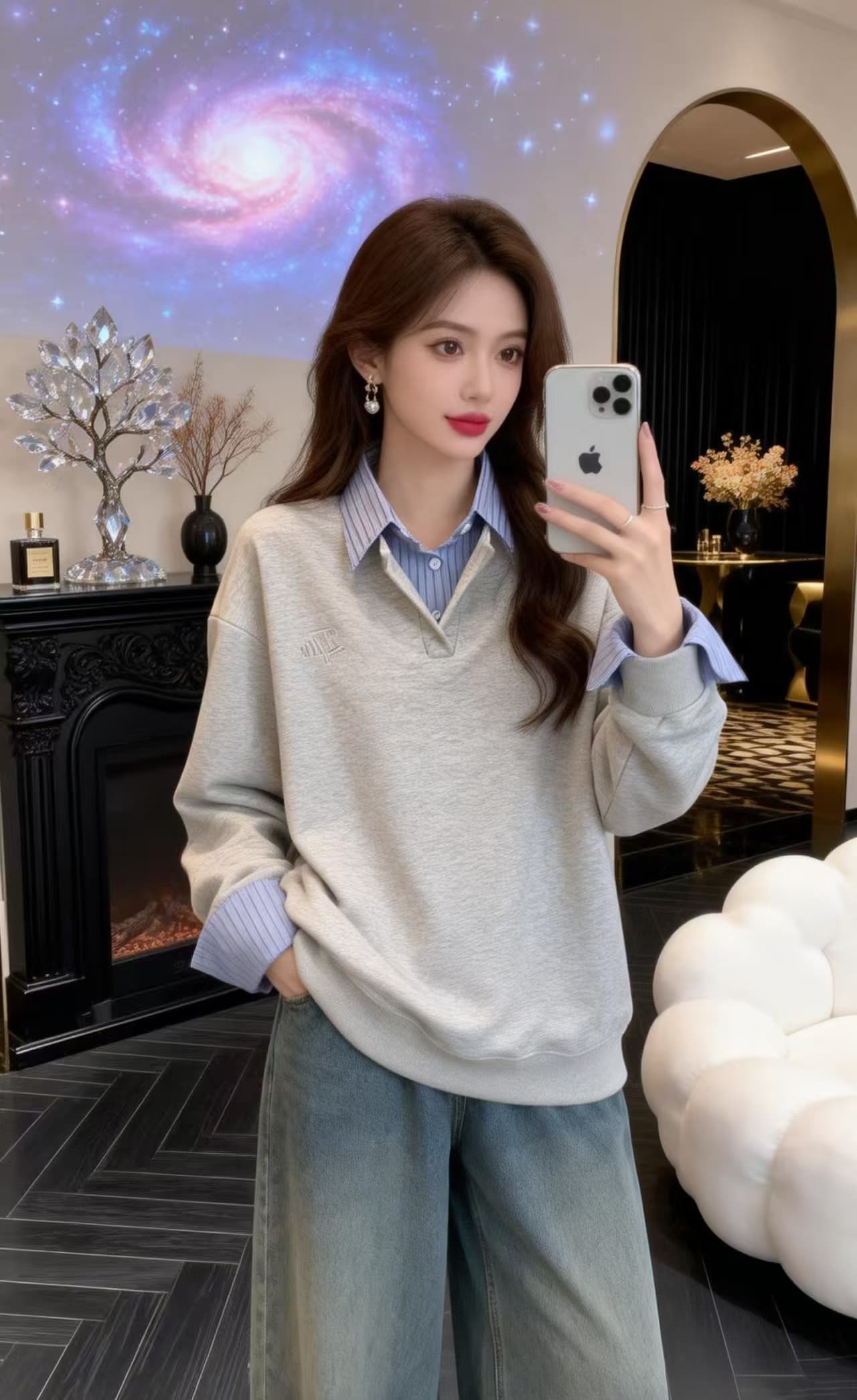 실사 빅 사이즈 지방 mm 2026 새로운 아메리칸 레트로 운동 바람 스트라이프 패치워크 POLO 칼라 풀오버 스웨트셔츠 상세 이미지 3
