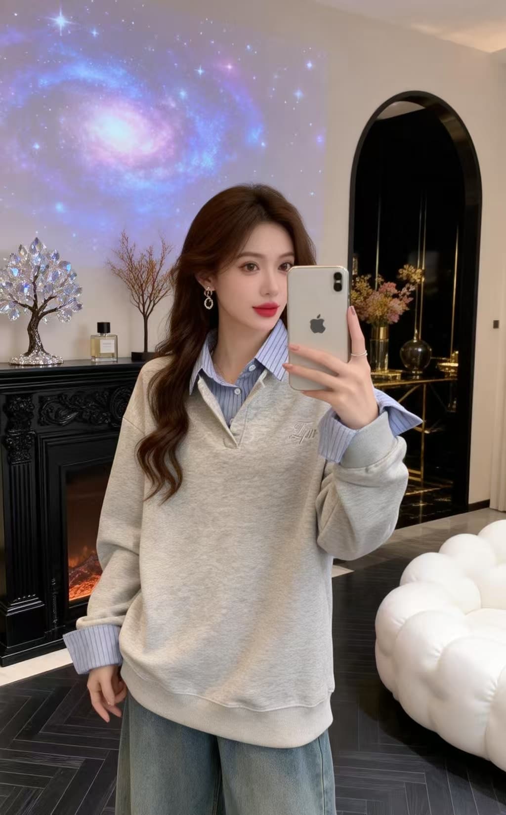 실사 빅 사이즈 지방 mm 2026 새로운 아메리칸 레트로 운동 바람 스트라이프 패치워크 POLO 칼라 풀오버 스웨트셔츠 상세 이미지 4