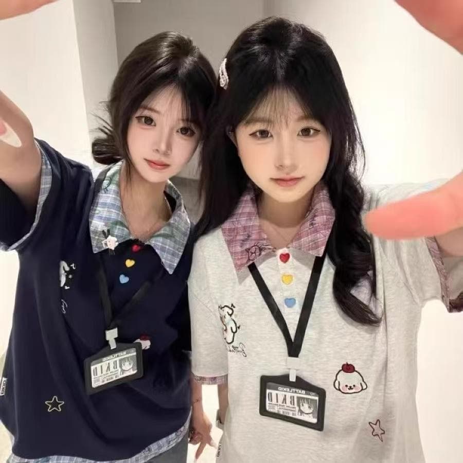 있음 선적 자수 학원 스타일 페이크 레이어드 POLO 칼라 반팔 티셔츠 여성 여름 루즈핏 맨위 이미지 5