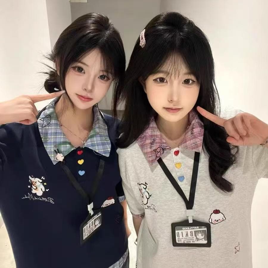 있음 선적 자수 학원 스타일 페이크 레이어드 POLO 칼라 반팔 티셔츠 여성 여름 루즈핏 맨위 이미지 4