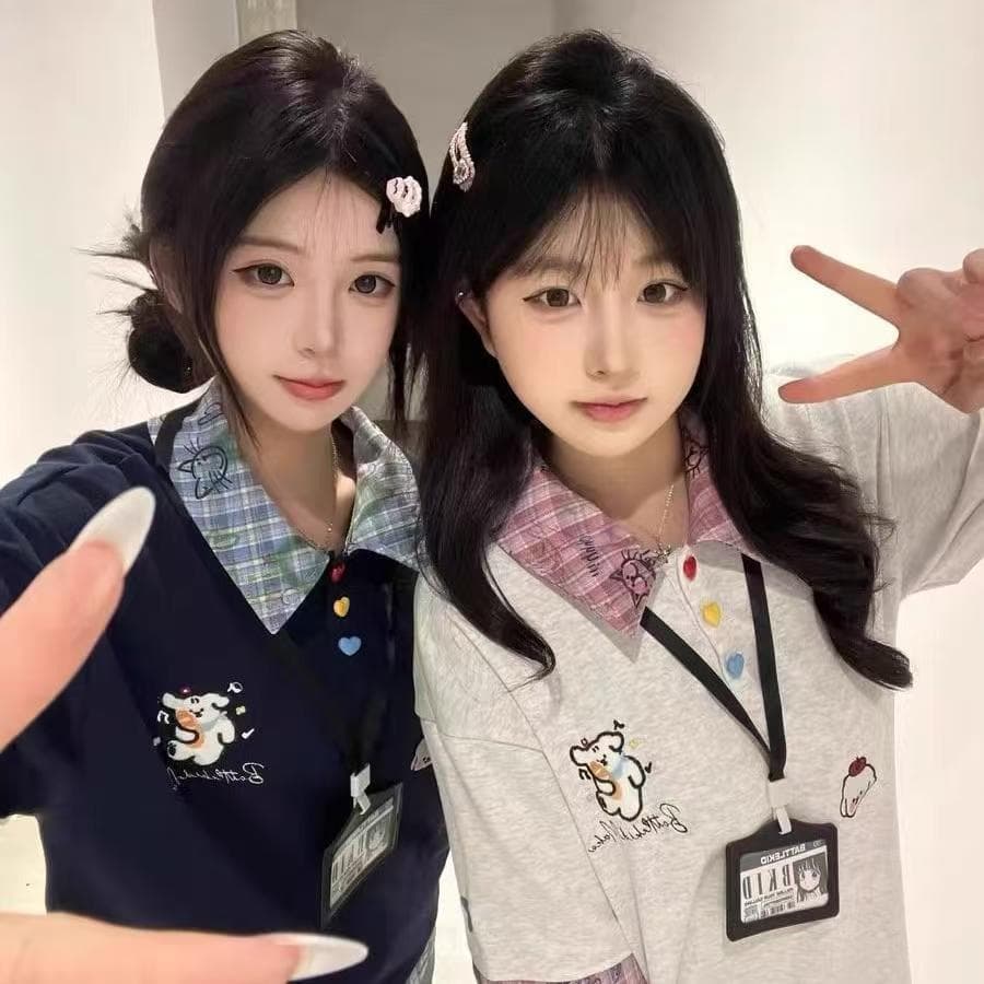있음 선적 자수 학원 스타일 페이크 레이어드 POLO 칼라 반팔 티셔츠 여성 여름 루즈핏 맨위 상세 이미지 4
