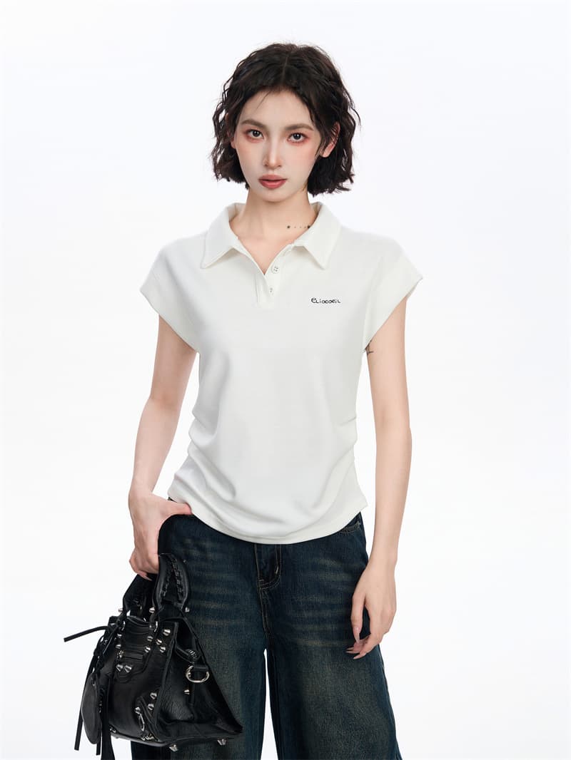 정가 40 1 1 순면 한 부서 POLO 칼라 여름 새로운 알파벳 자수 몸매 가꾸기 슬림해 보이는 반팔 티셔츠 여성 이미지 3