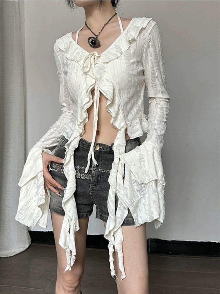 불모지 바람이 아닙니다. 규칙 찢어진 부분 V넥 스트랩 프릴 리본 긴팔 자외선 차단 상세 이미지 1