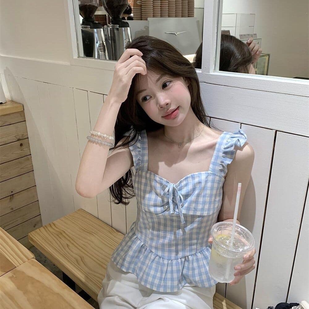 달콤한 미국 칼라 파란색 체크무늬 캐미솔 디자인 새로운 연꽃 잎 몸매 가꾸기 맨위 이미지 5