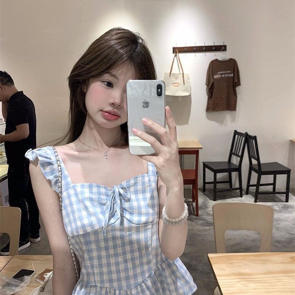 달콤한 미국 칼라 파란색 체크무늬 캐미솔 디자인 새로운 연꽃 잎 몸매 가꾸기 맨위 상세 이미지 2