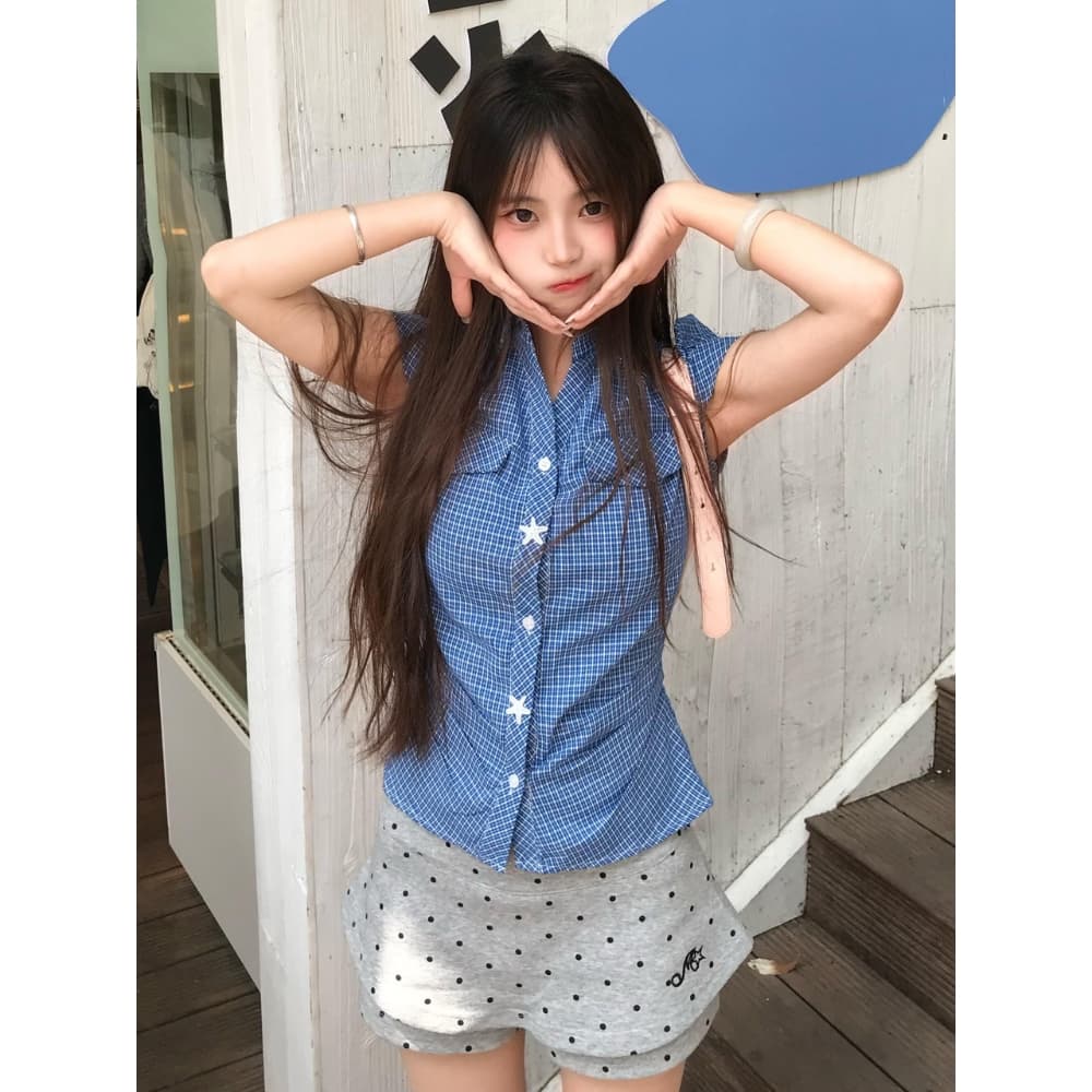 체크무늬 반팔 여성 셔츠 2026 새로운 한 부서 허리 수축 슬림해 보이는 레트로 쇼트 스타일 작은 키 달콤한 매운맛 바람 맨위 트렌디 상세 이미지 4
