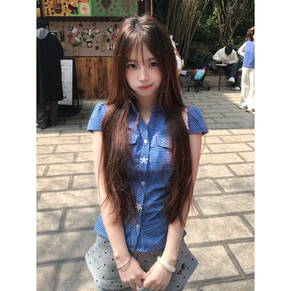 체크무늬 반팔 여성 셔츠 2026 새로운 한 부서 허리 수축 슬림해 보이는 레트로 쇼트 스타일 작은 키 달콤한 매운맛 바람 맨위 트렌디 상세 이미지 6