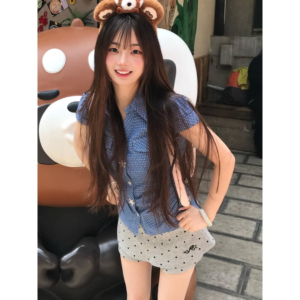 체크무늬 반팔 여성 셔츠 2026 새로운 한 부서 허리 수축 슬림해 보이는 레트로 쇼트 스타일 작은 키 달콤한 매운맛 바람 맨위 트렌디 상세 이미지 8