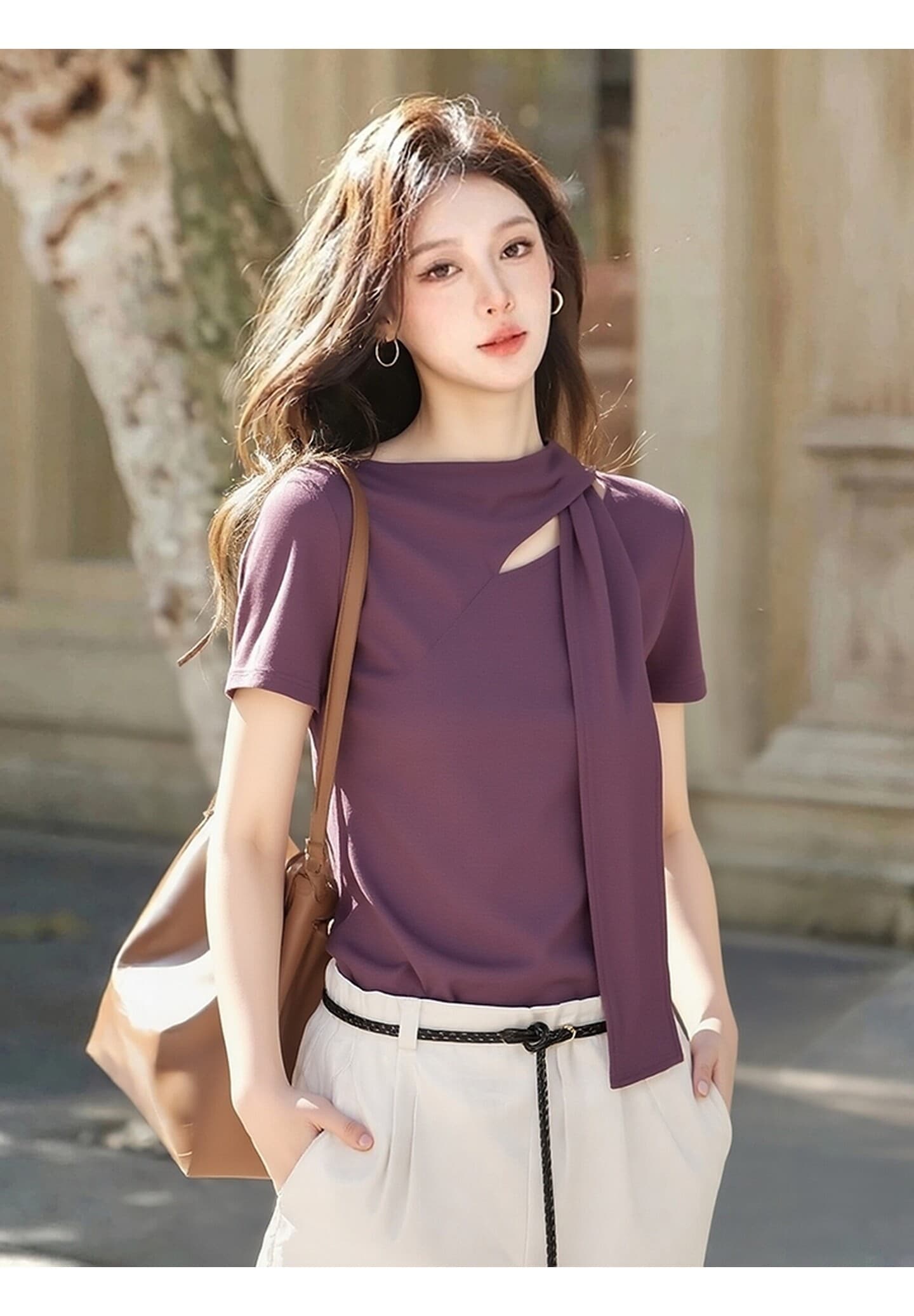 고급 센스 보라색 홀로우 아웃 리본 반팔 티셔츠 여성 2026 여름 새로운 빛 럭셔리 외국 가스 슬림해 보이는 연령 감소 맨위 상세 이미지 6