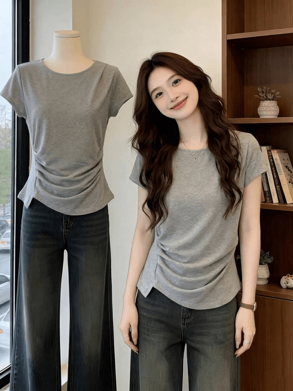 1x1 사람들 면 와 사고 방식 260g 빅 사이즈 Feifei 소매 티셔츠 여성 26 년 새로운 여름 주름 허리 수축 맨위 이미지 3
