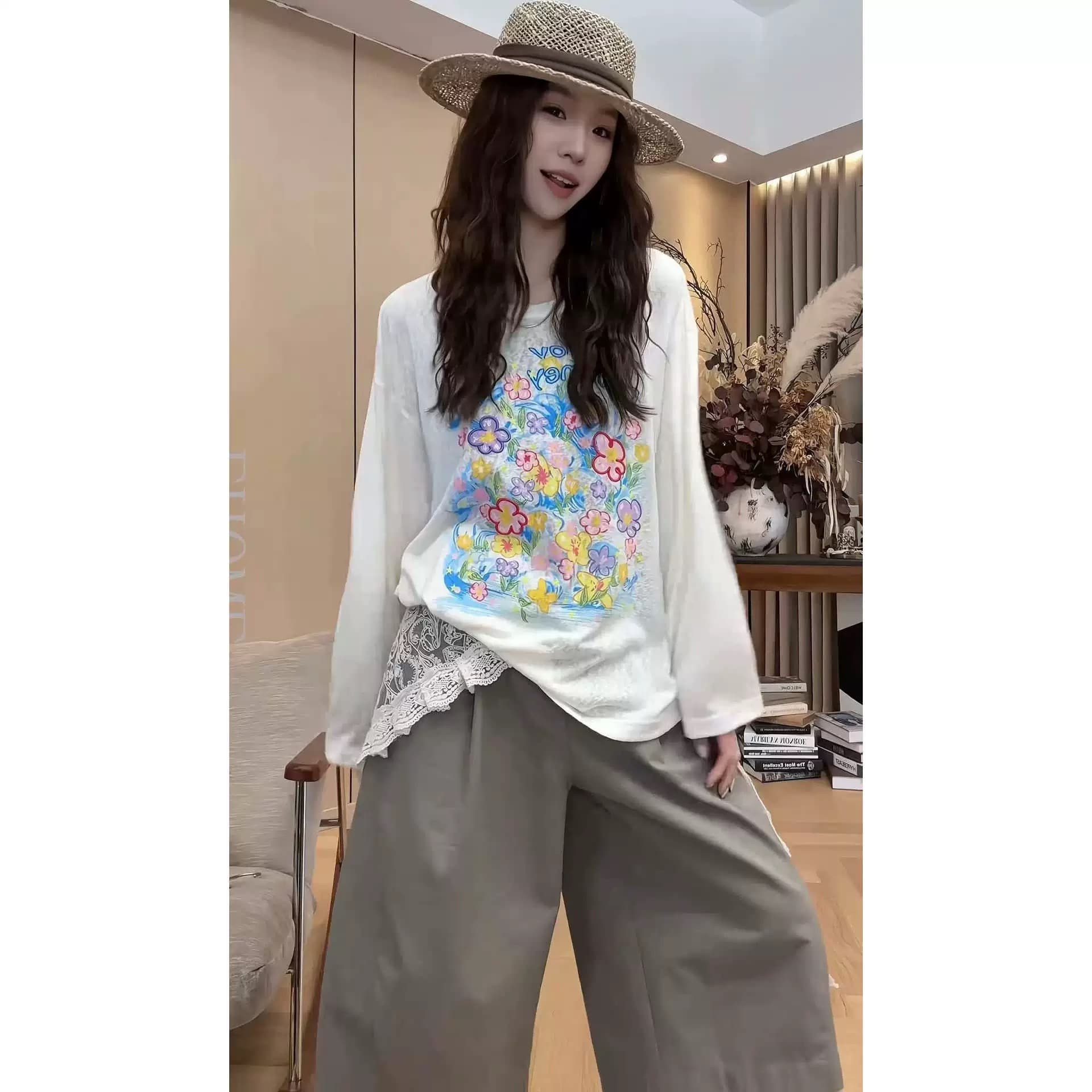 한 부서 레트로 패치워크 식물 꽃무늬 알파벳 살구 색상 자외선 차단 의류 여성 여름 루즈핏 슬림해 보이는 느슨함 센스 맨위 트렌디 이미지 5