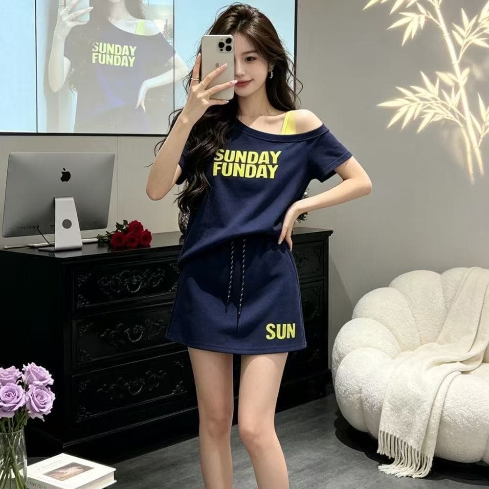 전체 집합 ootd 착용 가져 가라. 연령 감소 반팔 핫픽스 티셔츠 맨위 한 마디 반신 스커트 패션 품격 투피스 세트 트렌디 상세 이미지 1