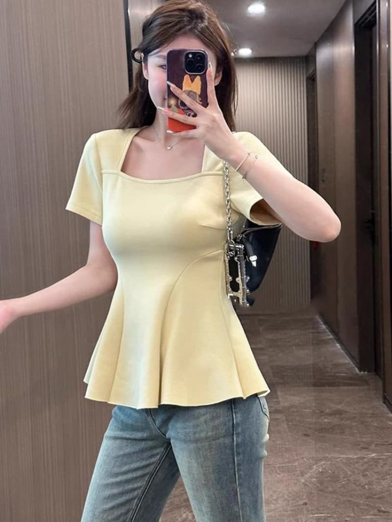 빅 사이즈 순수한 욕망 핫걸 광장 칼라 긍정적 인 어깨 반팔 검정색 티셔츠 여성 여름 지방 mm 표지 배 슬림해 보이는 인어 꼬리 작은 맨위 이미지 4