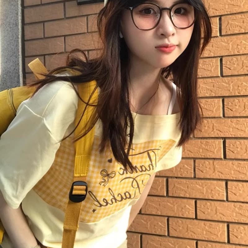 26 지점 순면 비스듬한 어깨 체크무늬 패치워크 반팔 티셔츠 여름 아름다운 디자인 센스 작은 대중 도파민 맨위 이미지 5