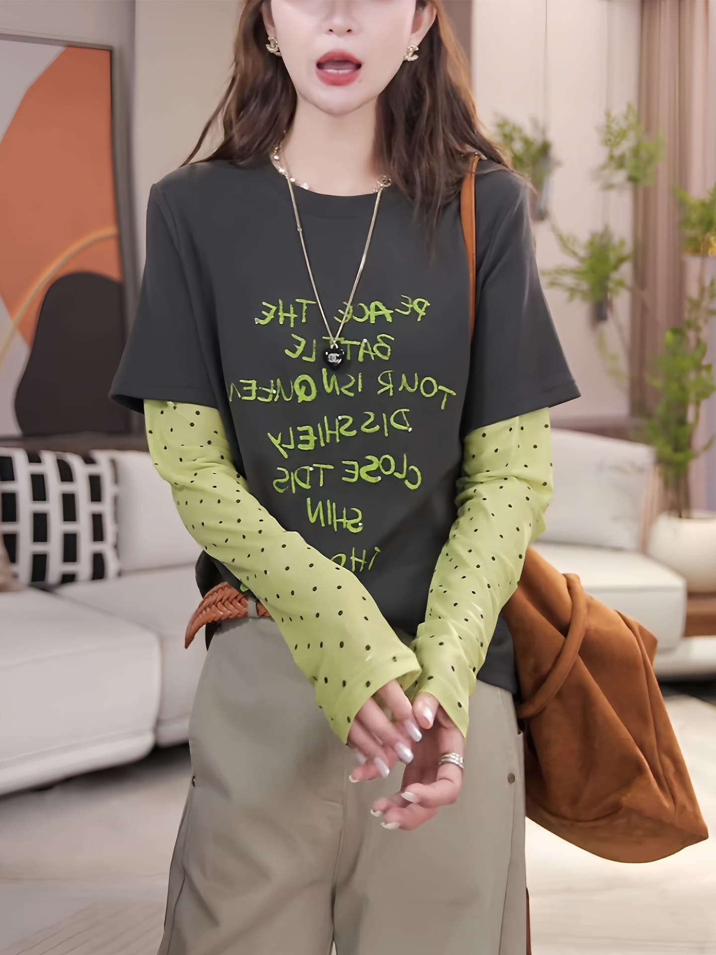 40 차가운 실크 차가운 면 1 1 리브 빅 사이즈 페이크 레이어드 패치워크 긴팔 티셔츠 2026 새로운 프린트 맨위 상세 이미지 8