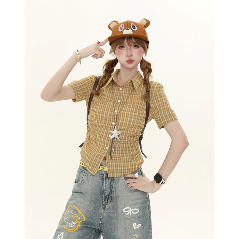 아메리칸 레트로 캐주얼 허리 수축 폴로 칼라 하트 자수 반팔 셔츠 쇼트 스타일 체크무늬 반소매 셔츠 상세 이미지 2
