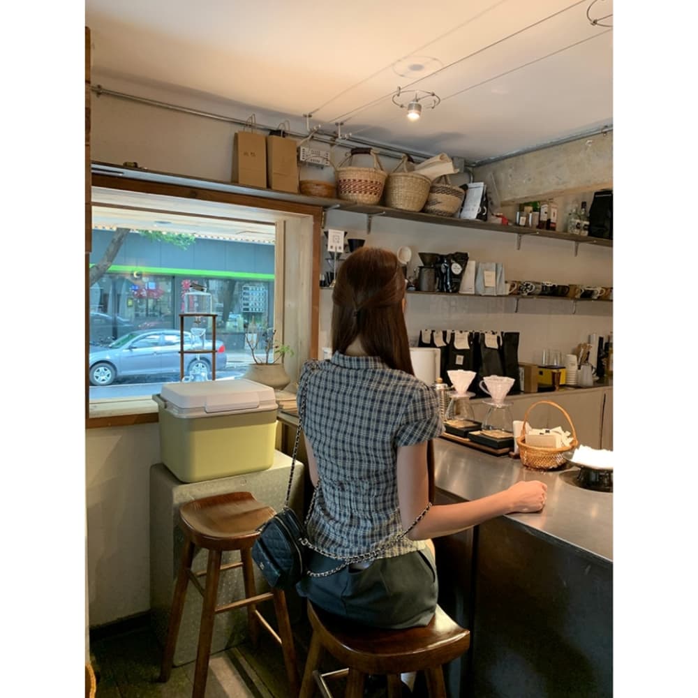 한 부서 레트로 체크무늬 POLO 칼라 반팔 긍정적 인 어깨 여성 셔츠 여름 새로운 학원 스타일 슬림해 보이는 다용도 맨위 상세 이미지 7