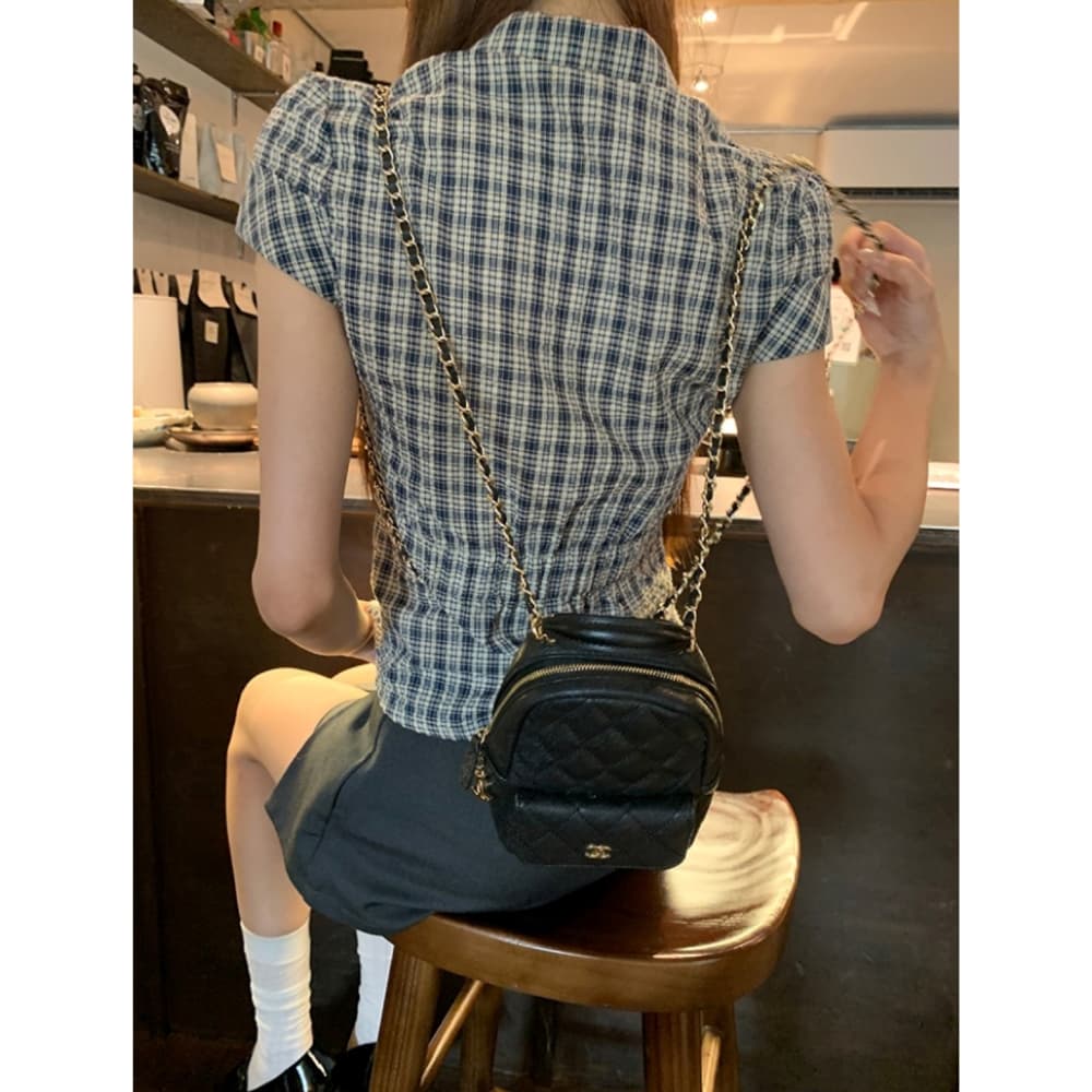 한 부서 레트로 체크무늬 POLO 칼라 반팔 긍정적 인 어깨 여성 셔츠 여름 새로운 학원 스타일 슬림해 보이는 다용도 맨위 상세 이미지 8