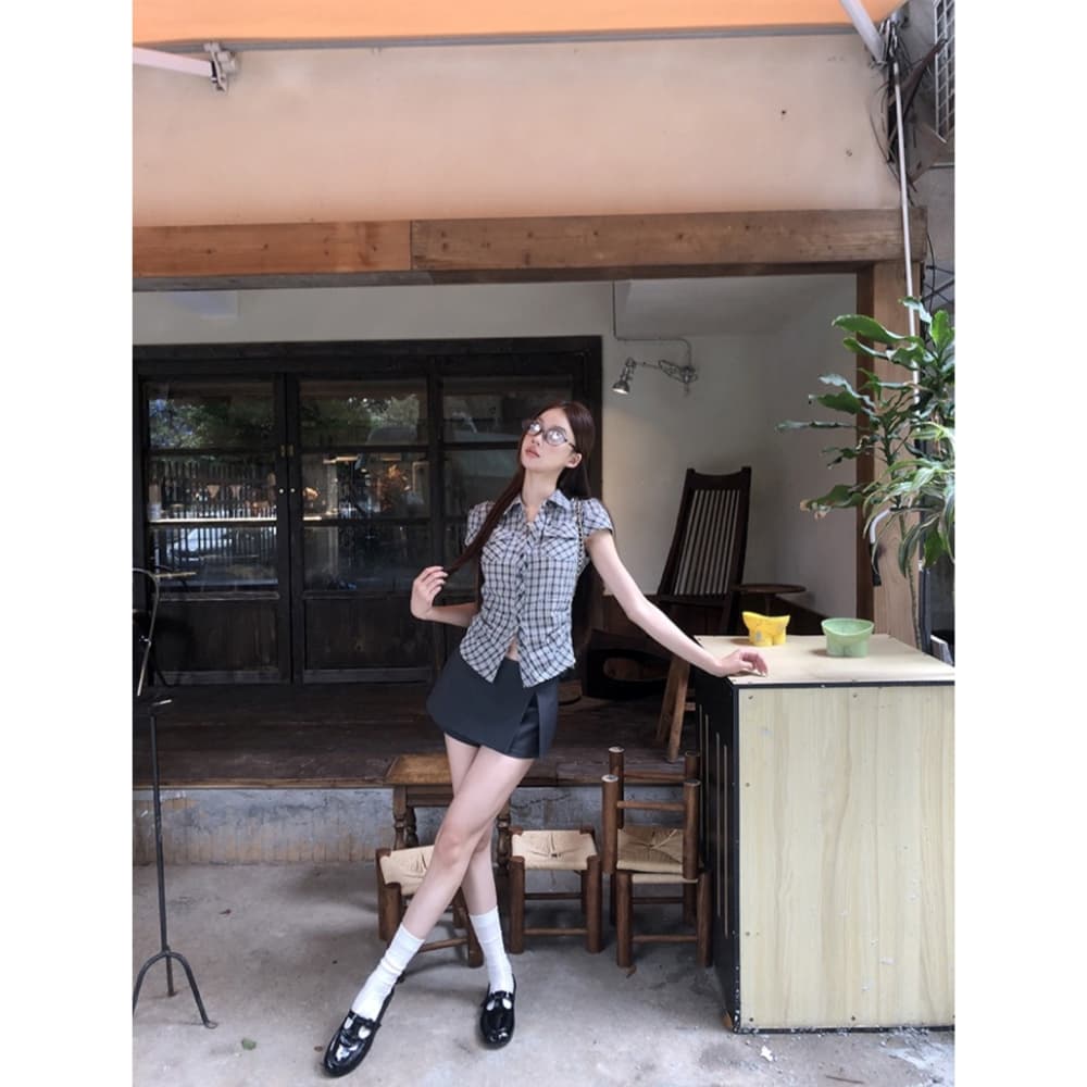 한 부서 레트로 체크무늬 POLO 칼라 반팔 긍정적 인 어깨 여성 셔츠 여름 새로운 학원 스타일 슬림해 보이는 다용도 맨위 상세 이미지 16
