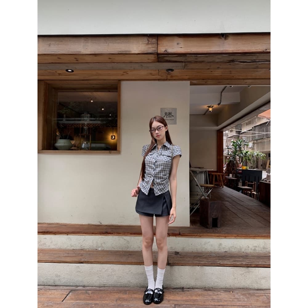 한 부서 레트로 체크무늬 POLO 칼라 반팔 긍정적 인 어깨 여성 셔츠 여름 새로운 학원 스타일 슬림해 보이는 다용도 맨위 상세 이미지 17